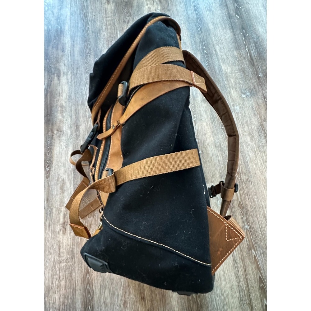 Pop's Kalahari Leather Trim Backpack Black Canvas Laptop Sturdy Bag Distressed - Picture 3 of 14